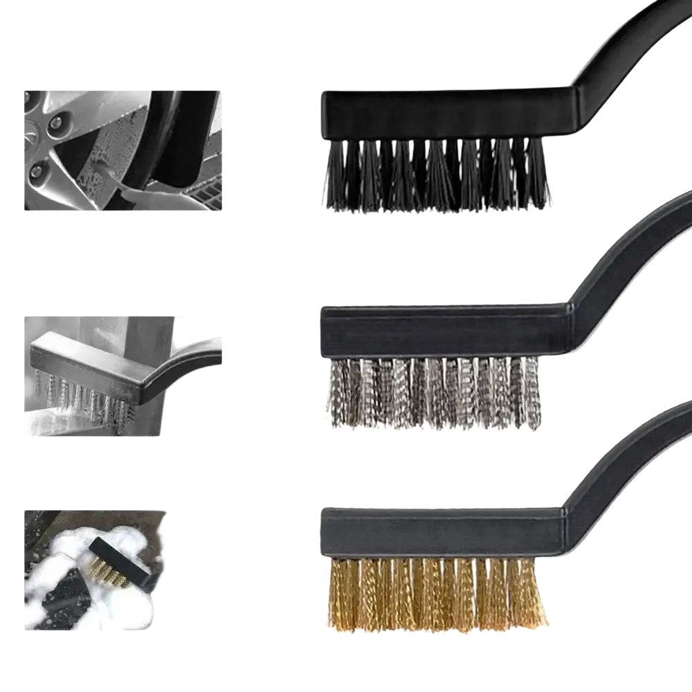 Black-handled car detailing brush and polishing kit with plastic, stainless steel, and copper wire bristles for cleaning