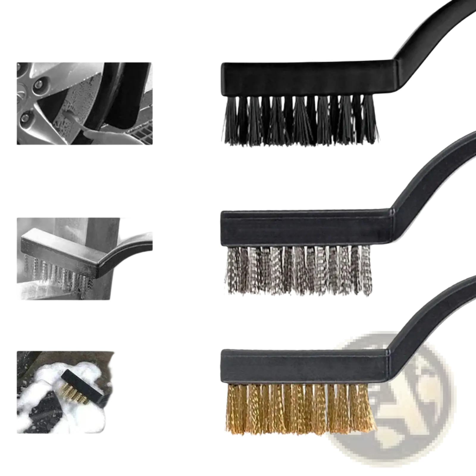 Black-handled car detailing brush and polishing kit with plastic, stainless steel, and copper wire bristles for cleaning