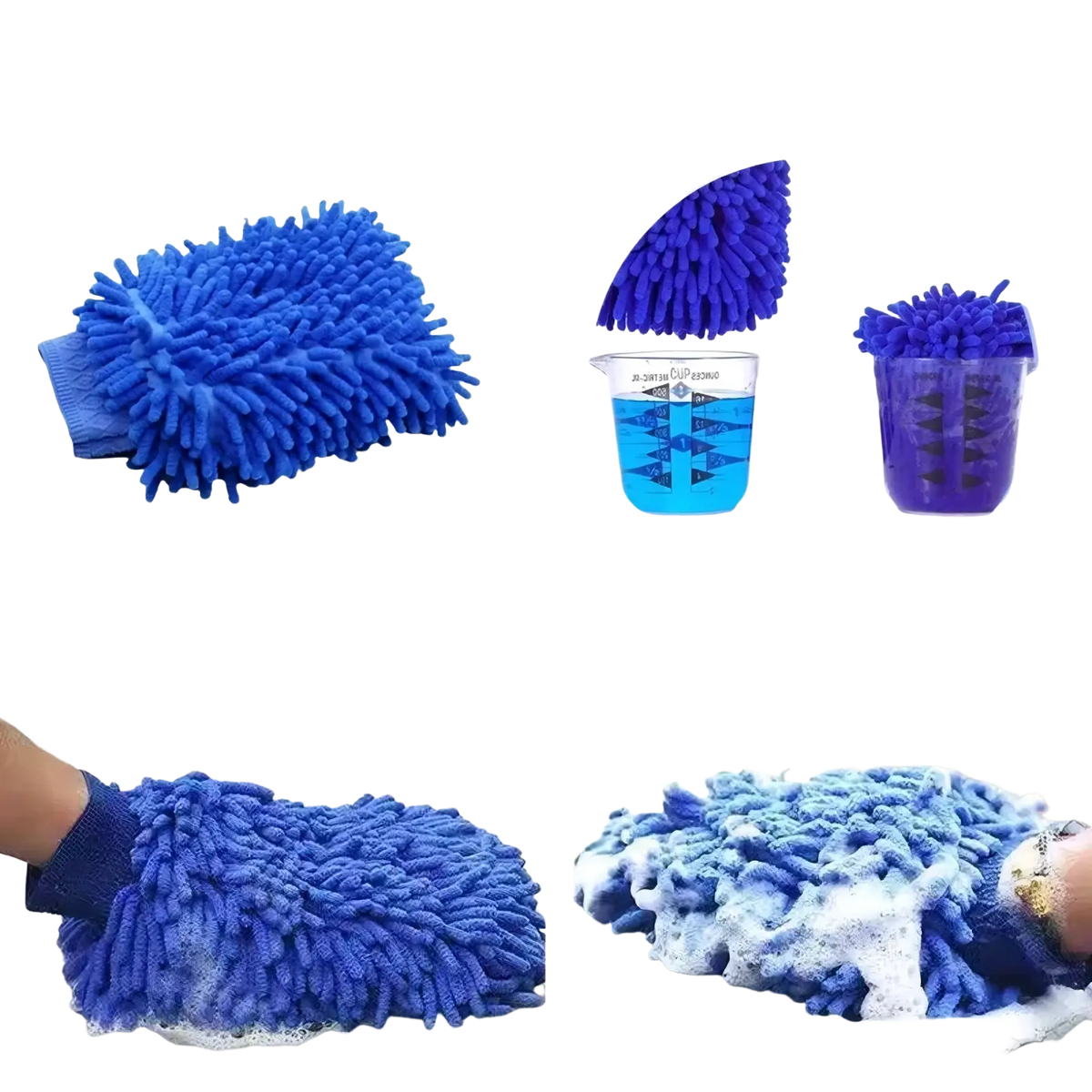 Blue chenille car detailing gloves with plush fuzzy texture and elastic wristband for brush and polishing kit use