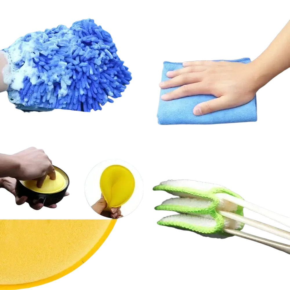Blue microfiber car cleaning mitt and cloth set with yellow sponge applicator in car detailing brush and polishing kit