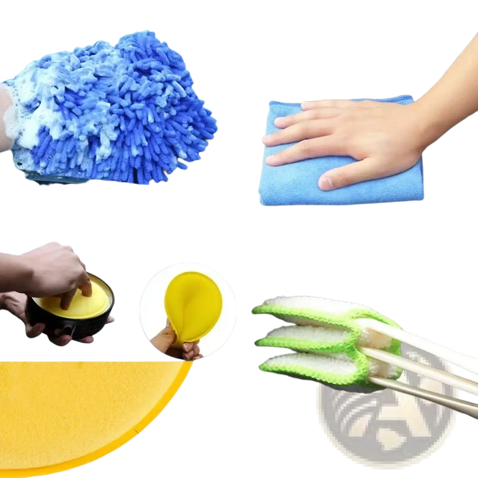 Blue microfiber car cleaning mitt and cloth set with yellow sponge applicator in car detailing brush and polishing kit