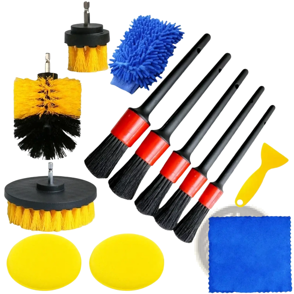 13-piece car detailing brush and polishing kit with yellow black bristle brushes blue microfiber mitts and yellow scraper