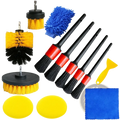 13-piece car detailing brush and polishing kit with yellow black bristle brushes blue microfiber mitts and yellow scraper