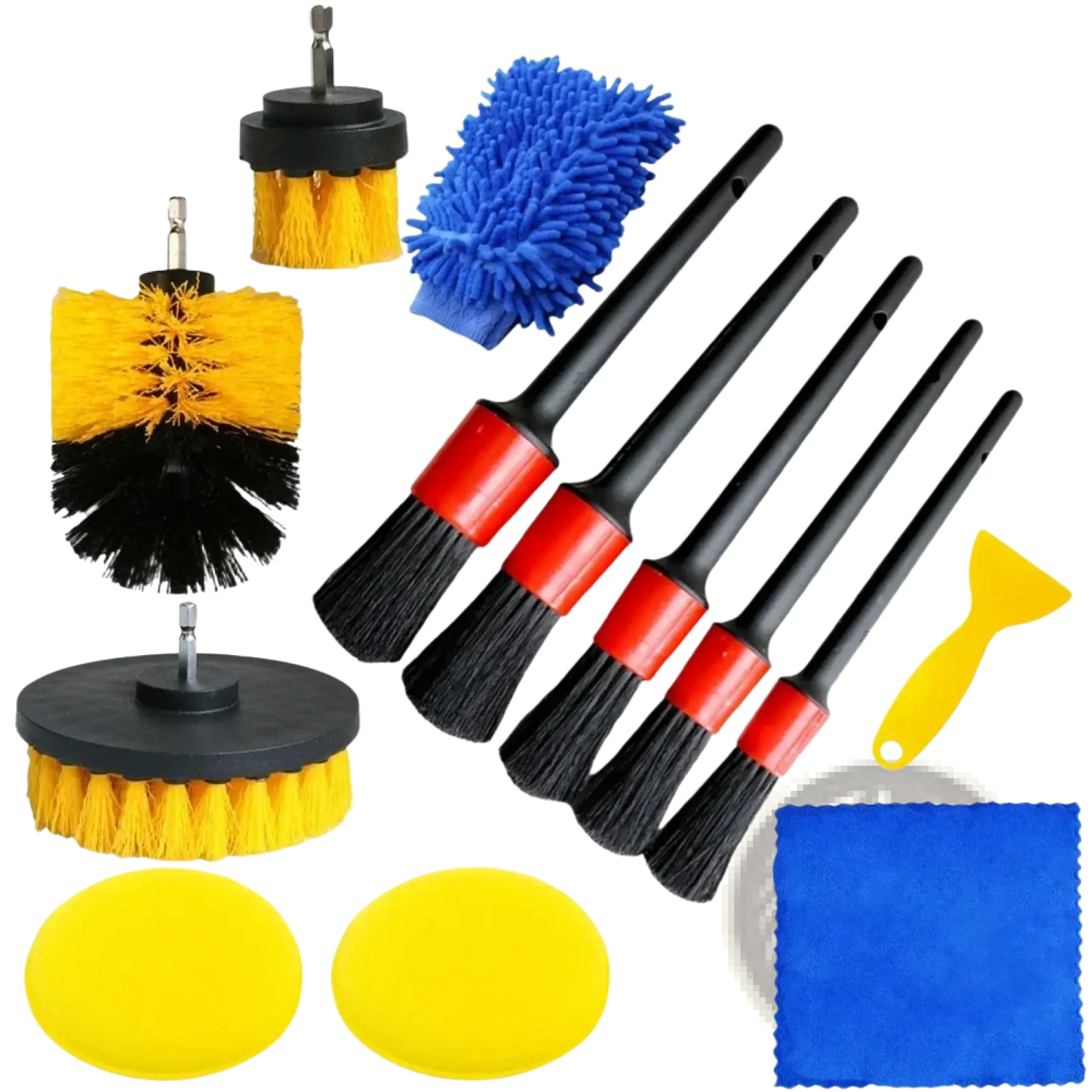 13-piece car detailing brush and polishing kit with yellow black bristle brushes blue microfiber mitts and yellow scraper