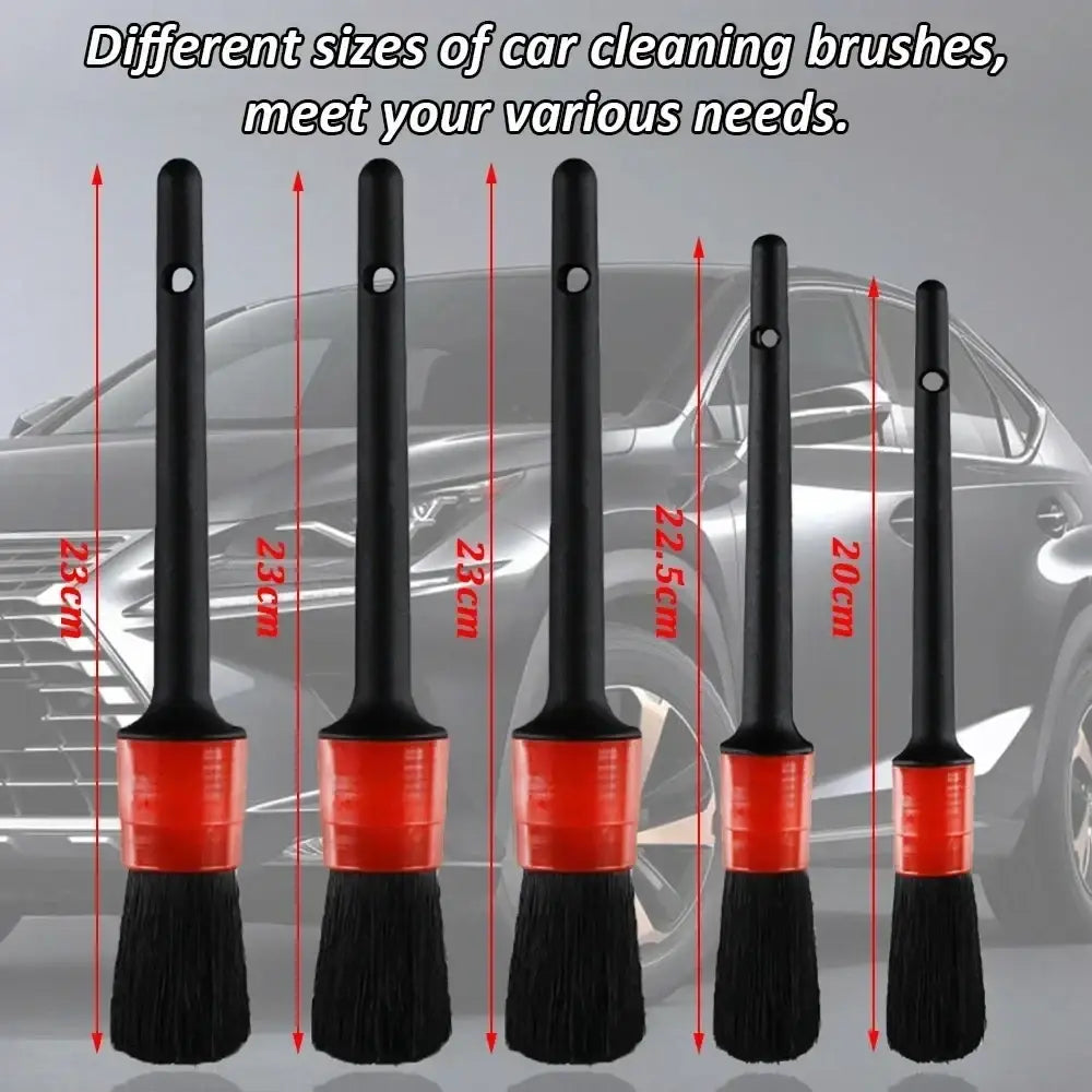 Set of five black and red car detailing brushes with sturdy handles and dense bristles for precise cleaning and polishing