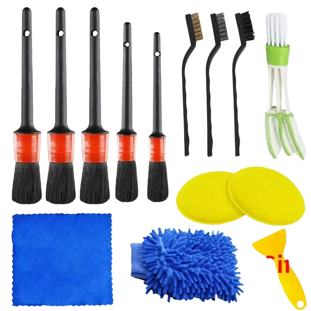 Car detailing brush and polishing kit with five black handled brushes with orange accents, yellow microfiber pads, and blue chamois mitt