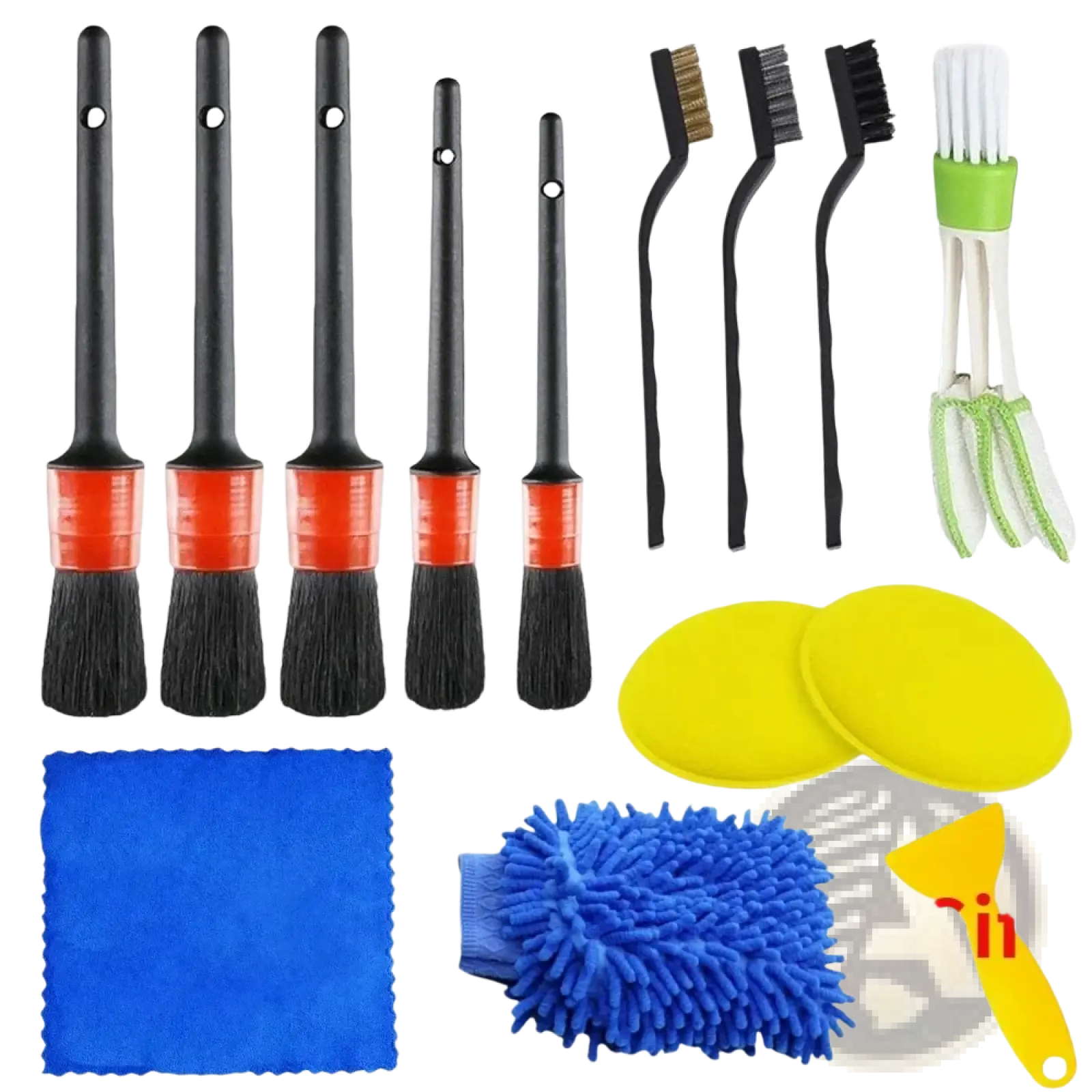 Car detailing brush and polishing kit with five black-handled orange-accented brushes, yellow microfiber pads, and cleaning tools