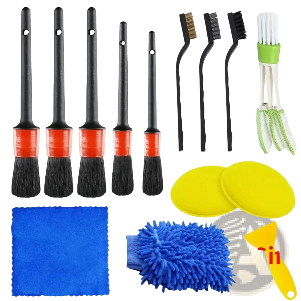 Car detailing brush and polishing kit with five black handled brushes with orange accents, yellow microfiber pads, and blue chamois mitt