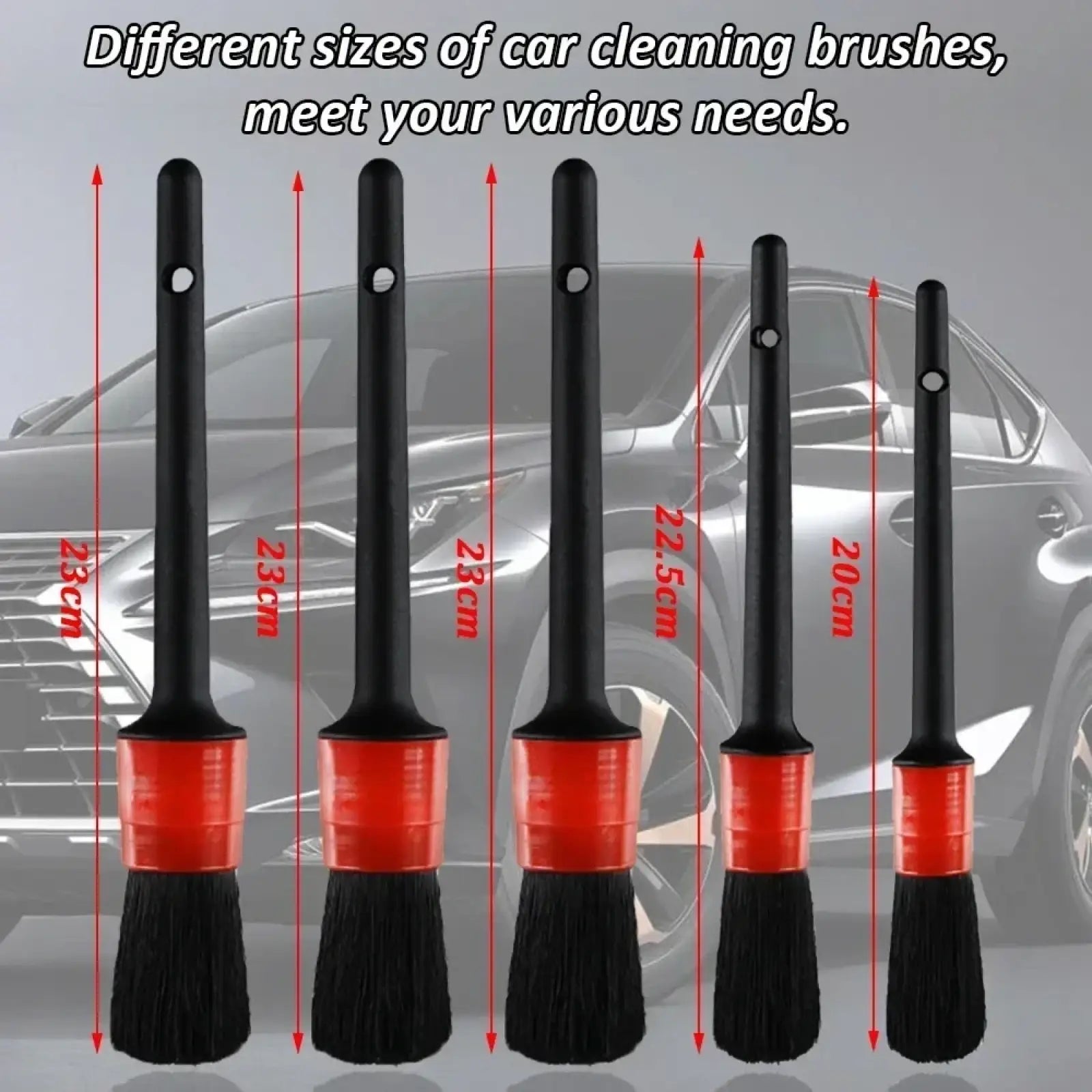 Set of five black and red car detailing brushes with sturdy handles and dense bristles for precise cleaning and polishing