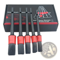 Set of five black and red nylon filament brushes with numbered handles for car detailing and cleaning