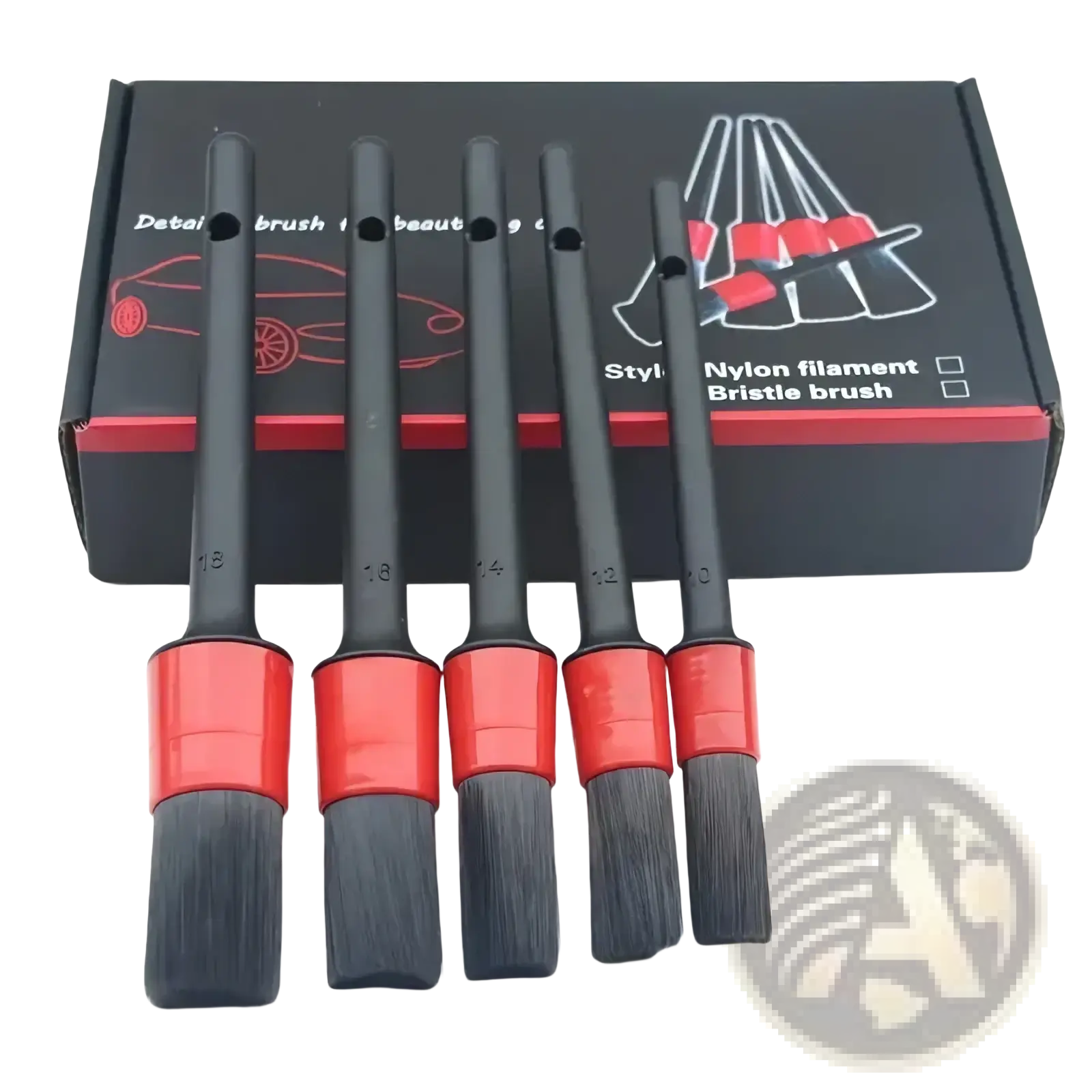 Set of five black and red nylon filament brushes with numbered handles for car detailing and cleaning