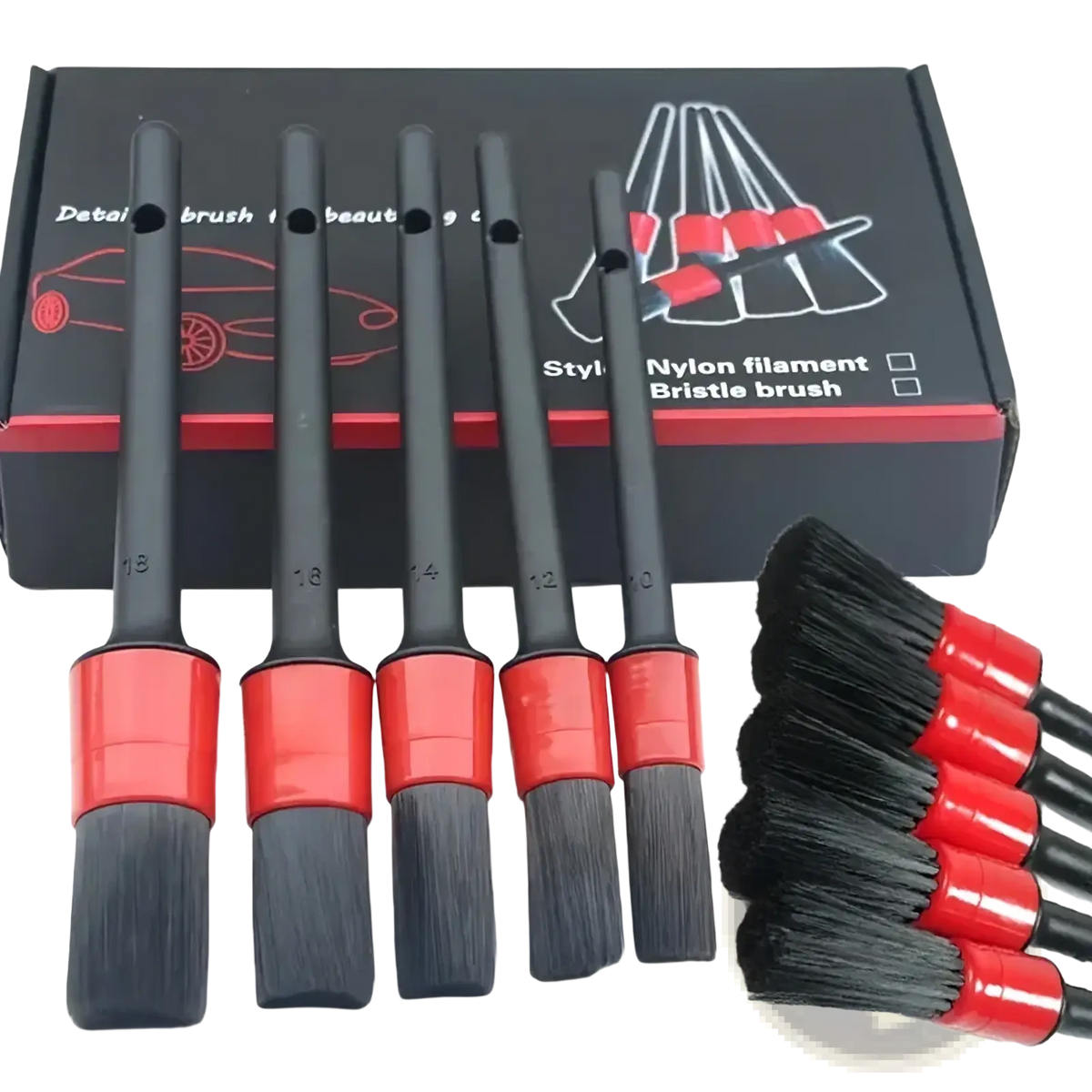 Set of five black and red nylon filament bristle car detailing brushes with numbered handles for precision cleaning