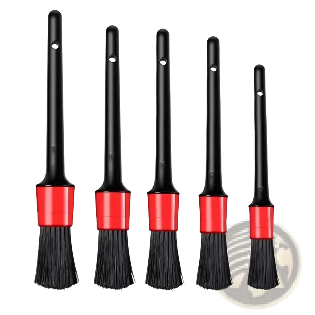 Car detailing brush set of five black and red nylon brushes with varying bristle widths for cleaning