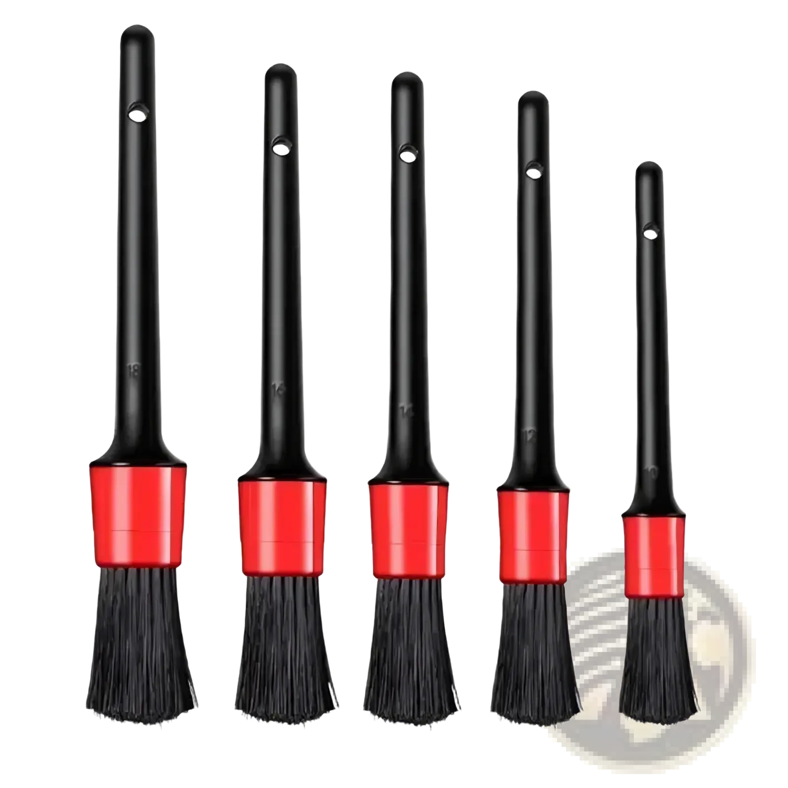 Car detailing brush set of five black and red nylon brushes with varying bristle widths for cleaning