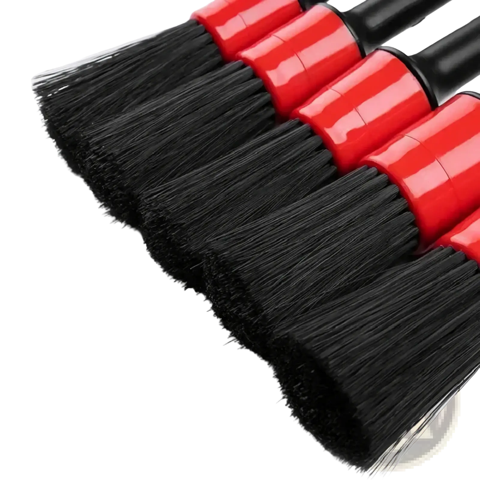 Set of four red and black nylon car detailing brushes with dense soft bristles for effective cleaning