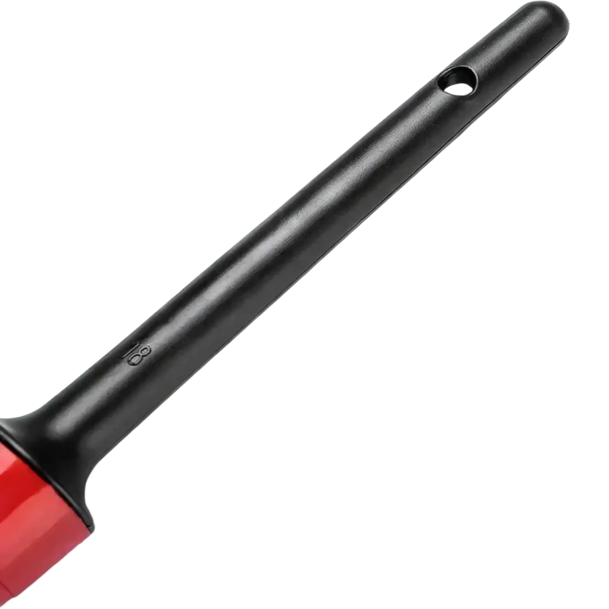 Black plastic handle car detailing brush with red nylon bristles and a small hole for hanging in a 5 piece cleaning set
