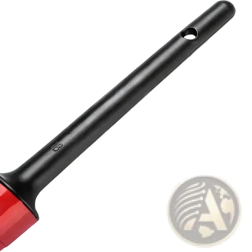 Black plastic handle car detailing brush with red nylon bristles and a small hole near the top for hanging