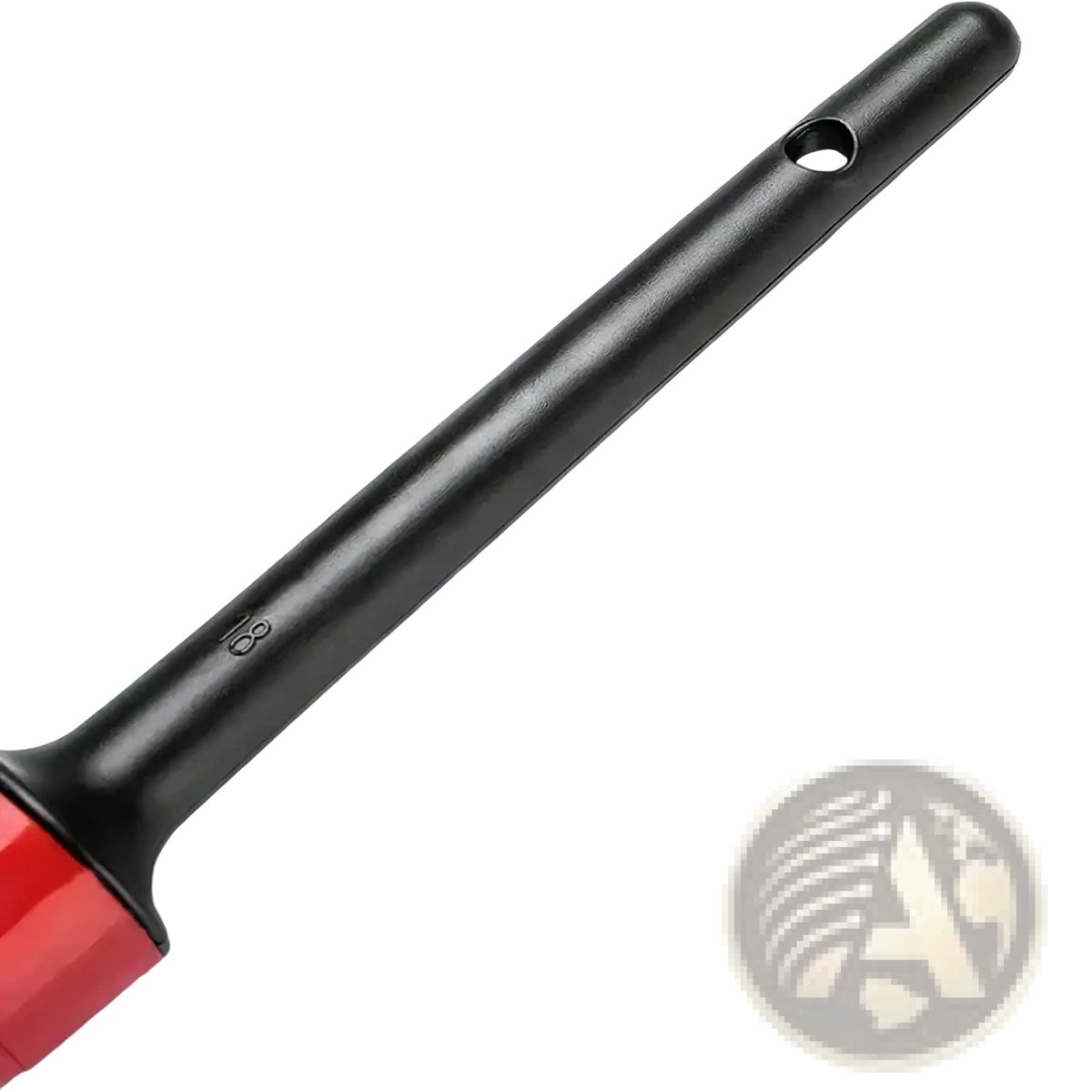 Black plastic handle car detailing brush with red nylon bristles and a small hole near the top for hanging