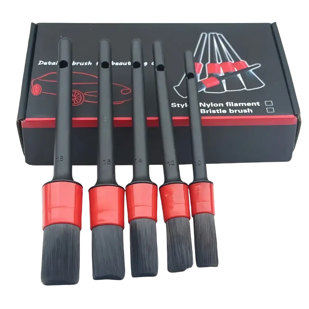 Set of five black and red nylon filament brushes with numbered handles for car detailing and cleaning
