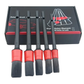 Set of five black and red nylon filament brushes with numbered handles for car detailing and cleaning