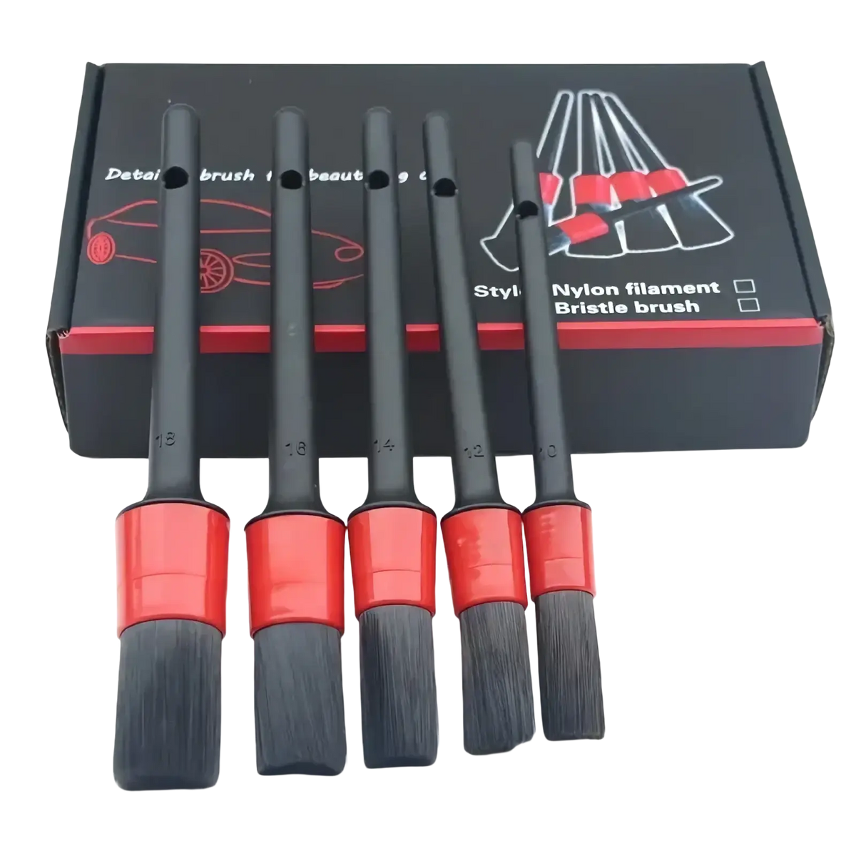 Set of five black and red nylon filament brushes with numbered handles for car detailing and cleaning