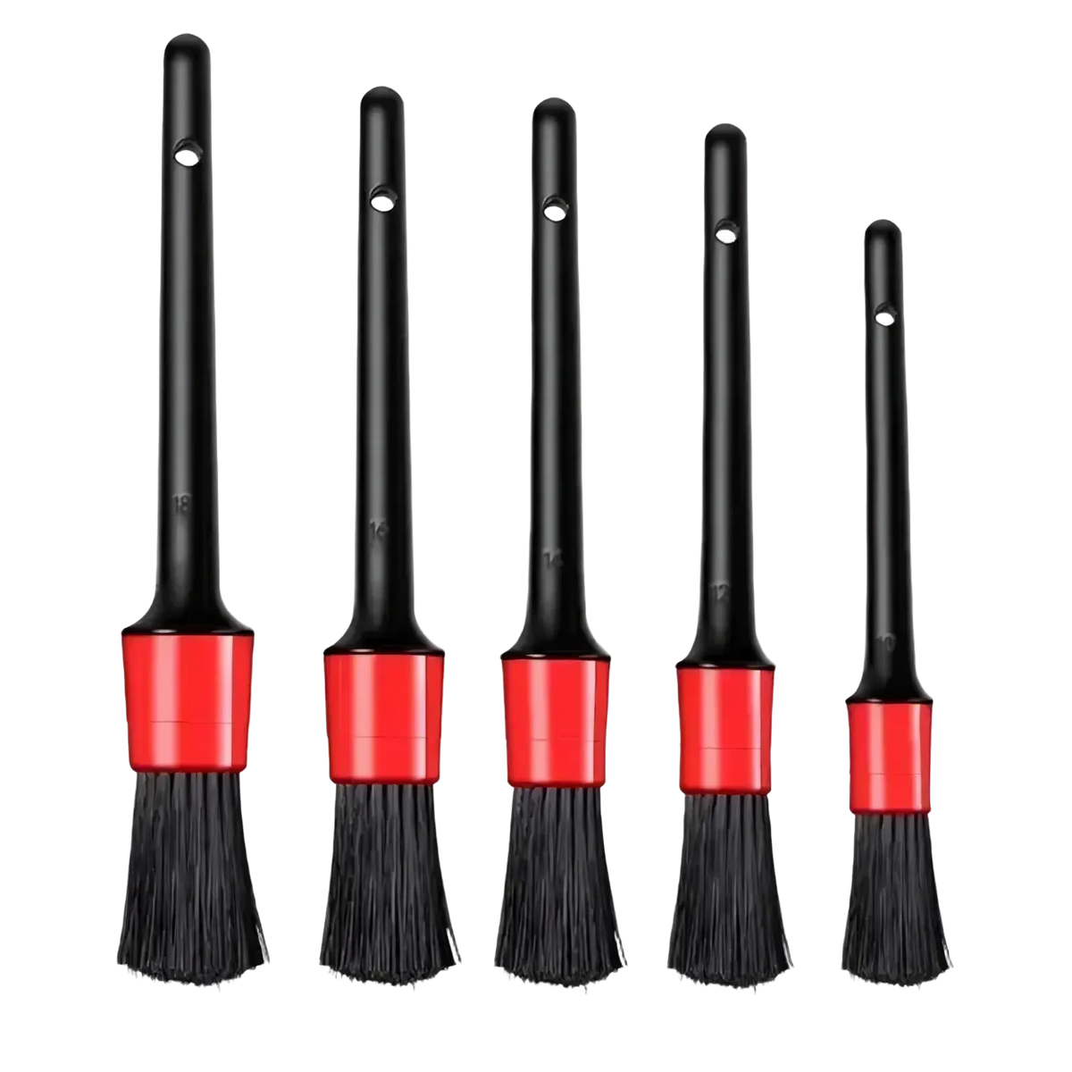 Set of five black and red nylon car detailing brushes with varying bristle widths for cleaning and maintenance