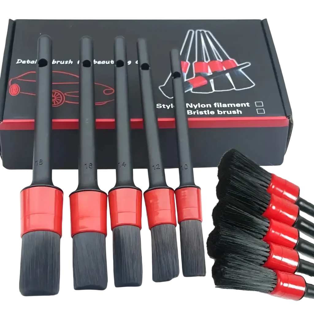 Set of five black and red nylon filament car detailing brushes with numbered handles for precise cleaning
