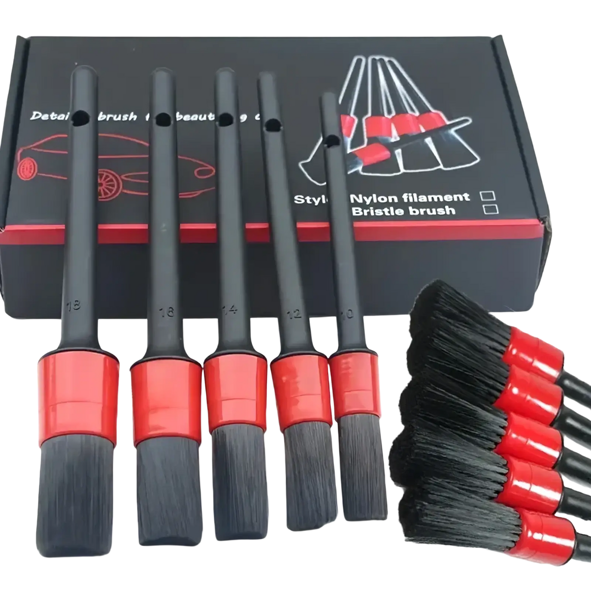 Set of five black and red nylon filament bristle car detailing brushes with numbered handles for precision cleaning