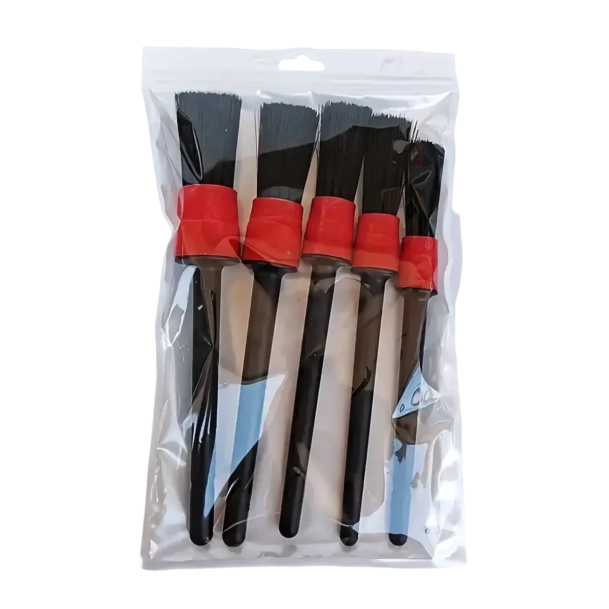Set of five black nylon bristled car detailing brushes with red plastic handles in clear plastic packaging