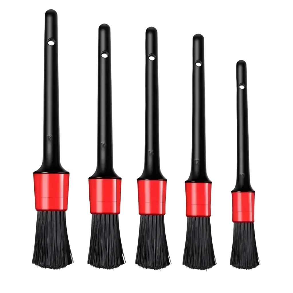 Car detailing brush set of five black and red nylon brushes with varying bristle widths for cleaning