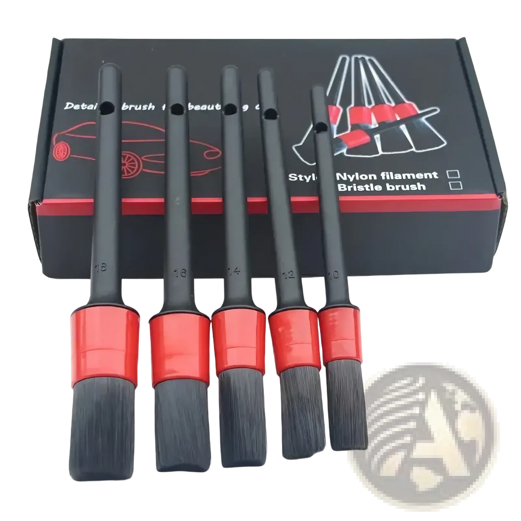Set of five black and red nylon filament car detailing brushes with numbered handles for precise cleaning