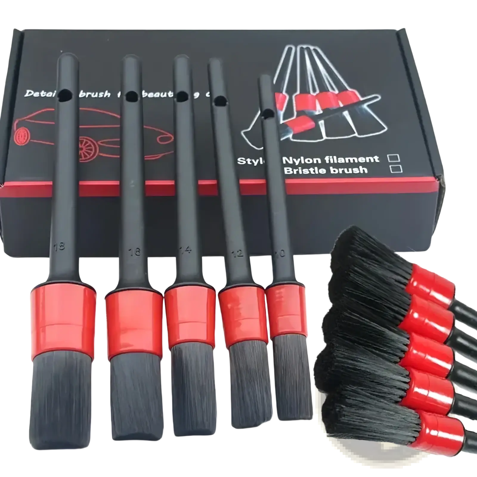 Set of five black and red nylon filament car detailing brushes with numbered handles for precise cleaning