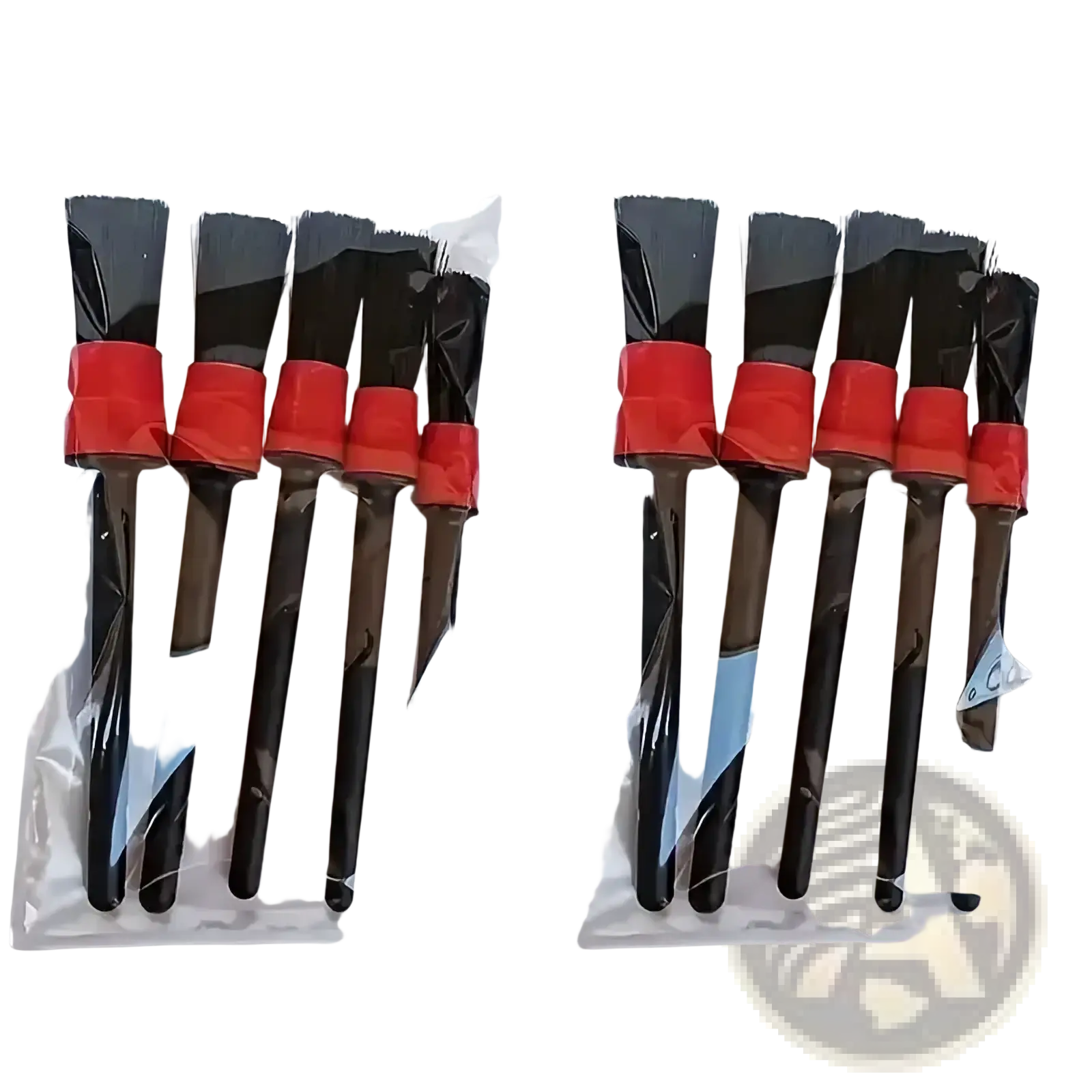 Set of black and red silicone car detailing brushes with red handles in clear plastic packaging, 5-piece set
