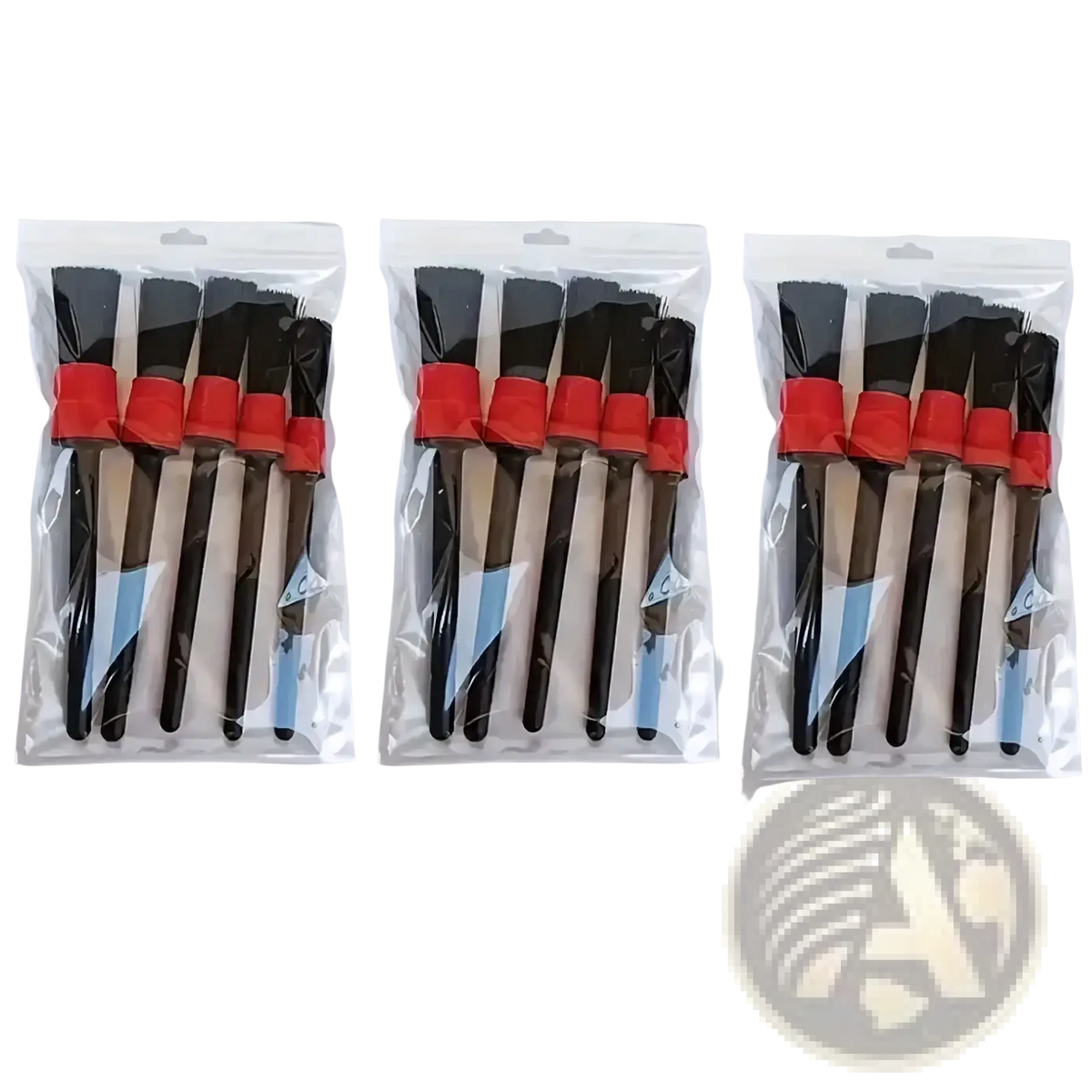 Set of three black and red silicone bristle brushes in clear plastic packaging for car detailing use