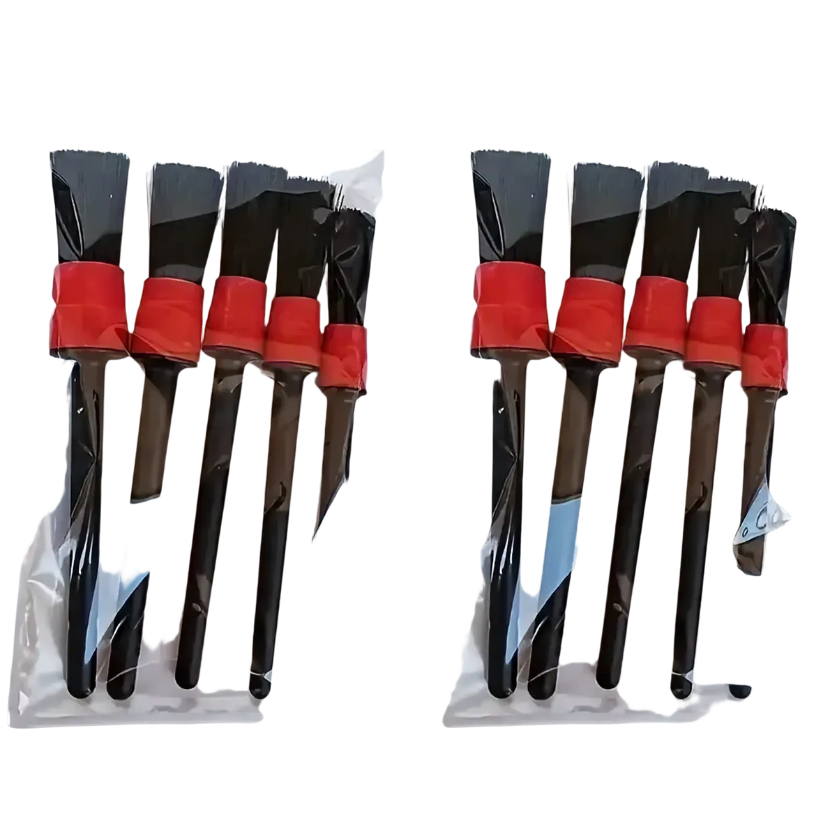 Set of black and red silicone car detailing brushes with red handles in clear plastic packaging, 5-piece set