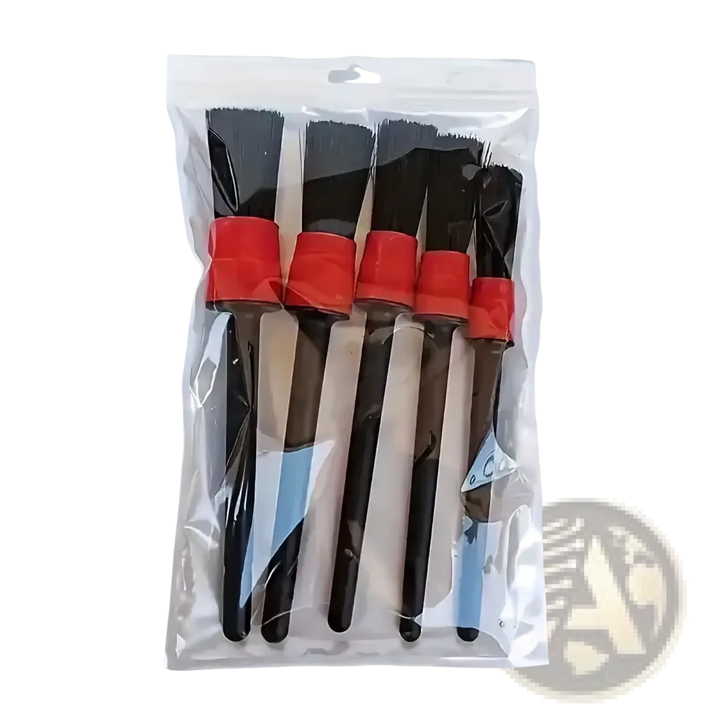 Set of five black-bristled car detailing brushes with red plastic handles in clear plastic packaging