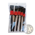 Set of five black-bristled car detailing brushes with red plastic handles in clear plastic packaging