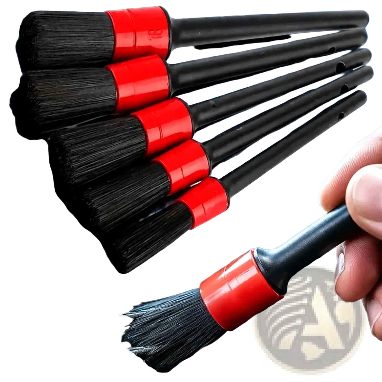 Set of black bristle car detailing brushes with red plastic handles for precise cleaning in a 5-piece brush set