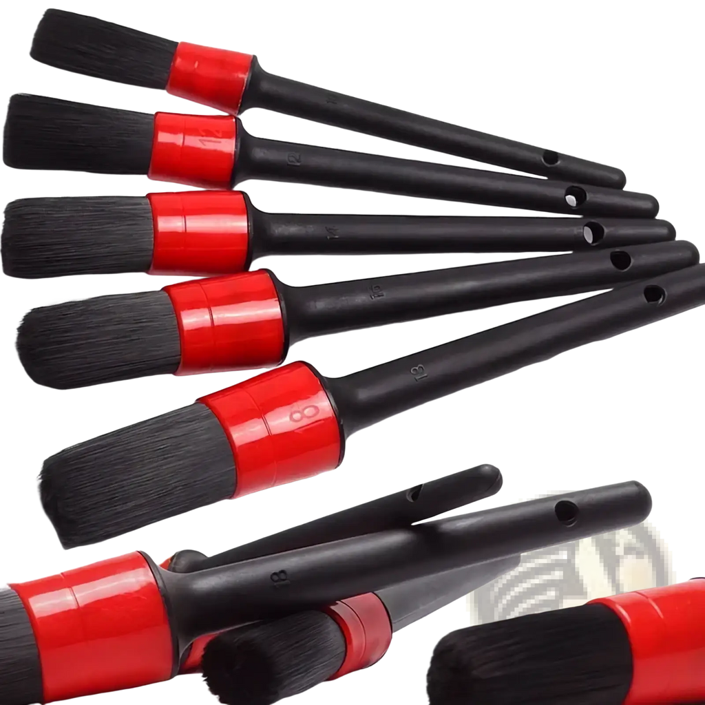Set of five black and red car detailing brushes with red handles and numbered sizes for precise cleaning