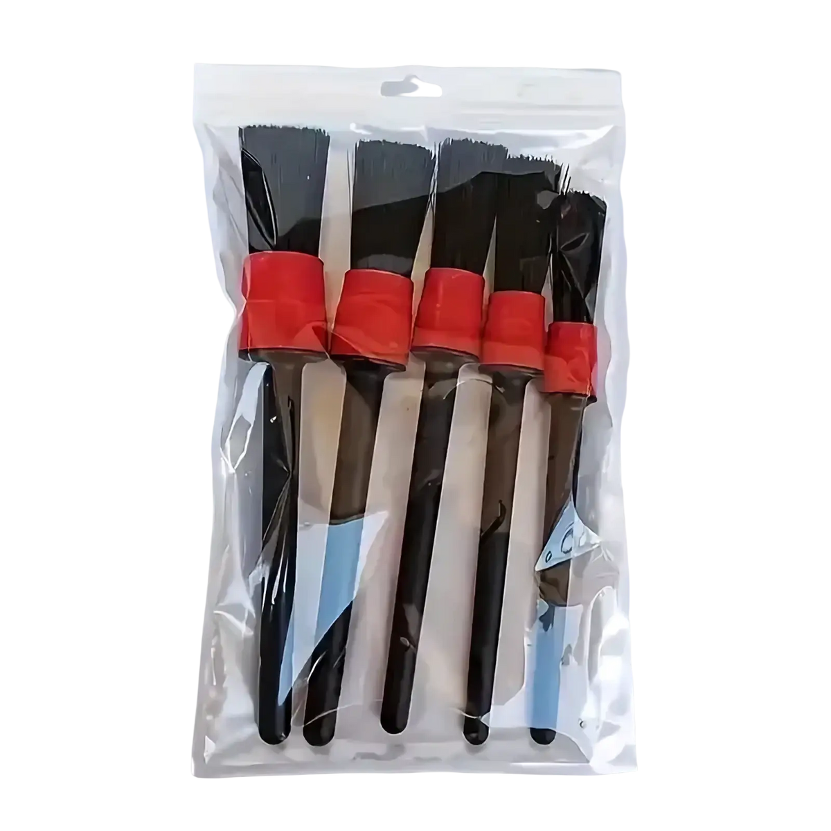 Set of five black-bristled car detailing brushes with red plastic handles in clear plastic packaging