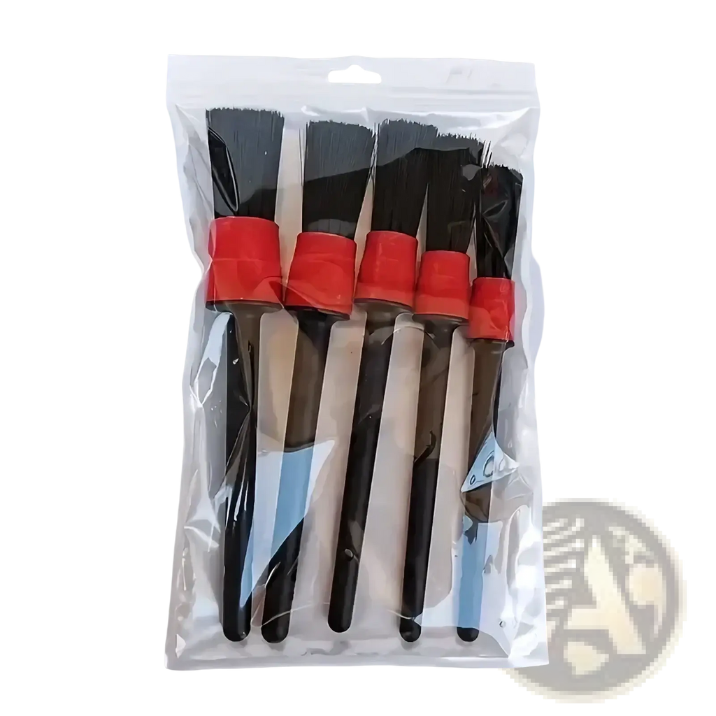 Set of five black-bristled car detailing brushes with red plastic handles in clear plastic packaging