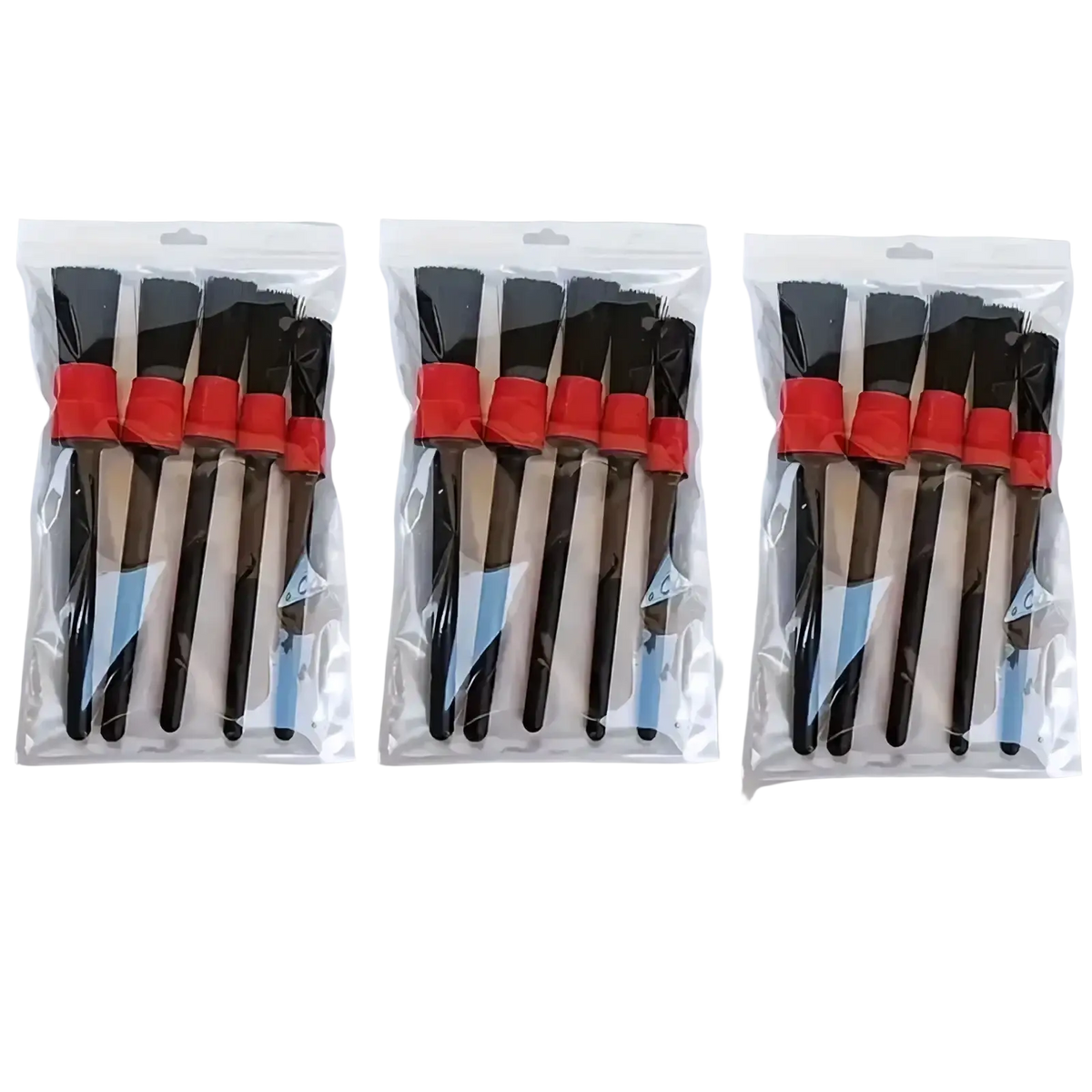 Set of three black and red silicone bristle brushes in clear plastic packaging for car detailing use