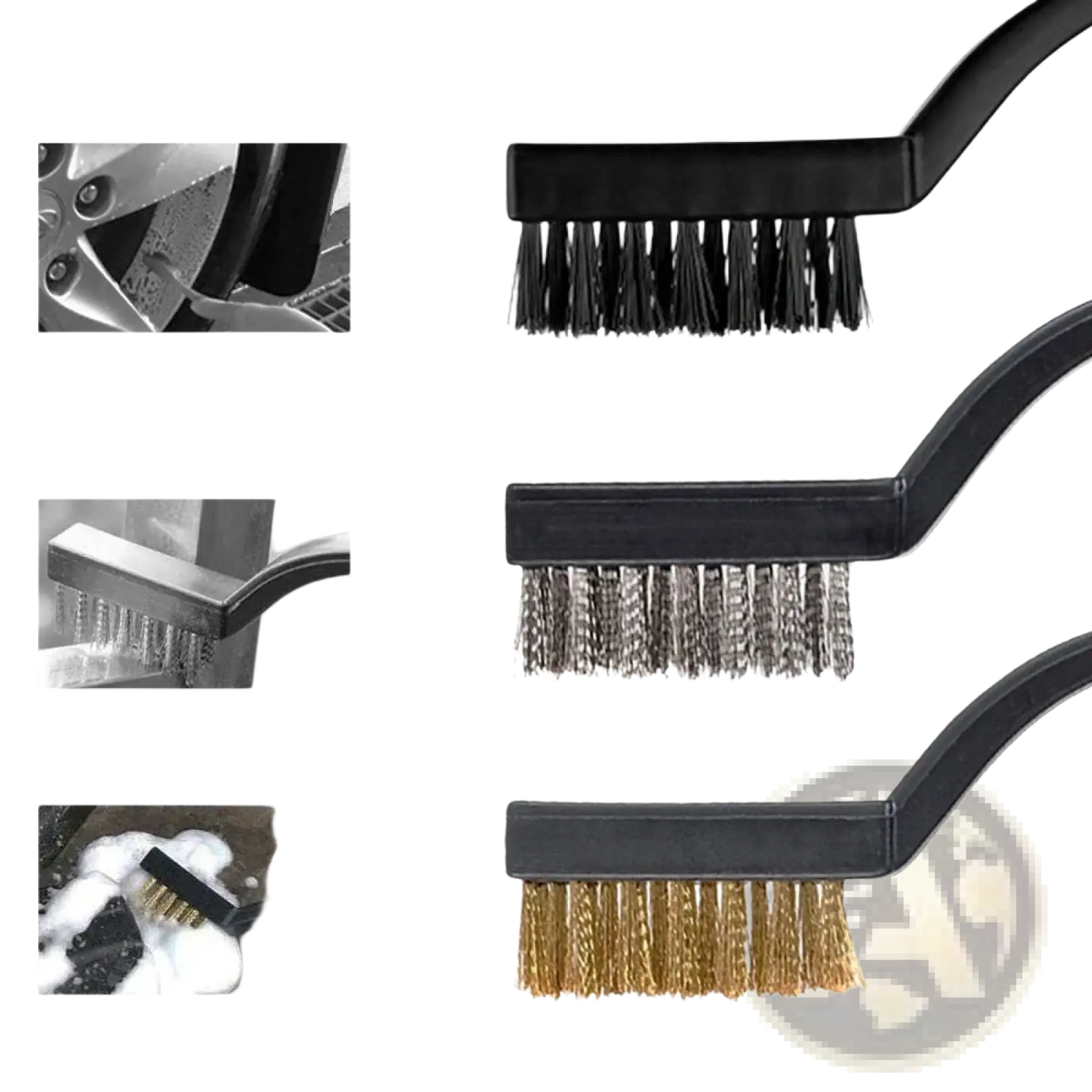 Black-handled car detailing brush set with plastic stainless steel and copper bristles for auto cleaning purposes