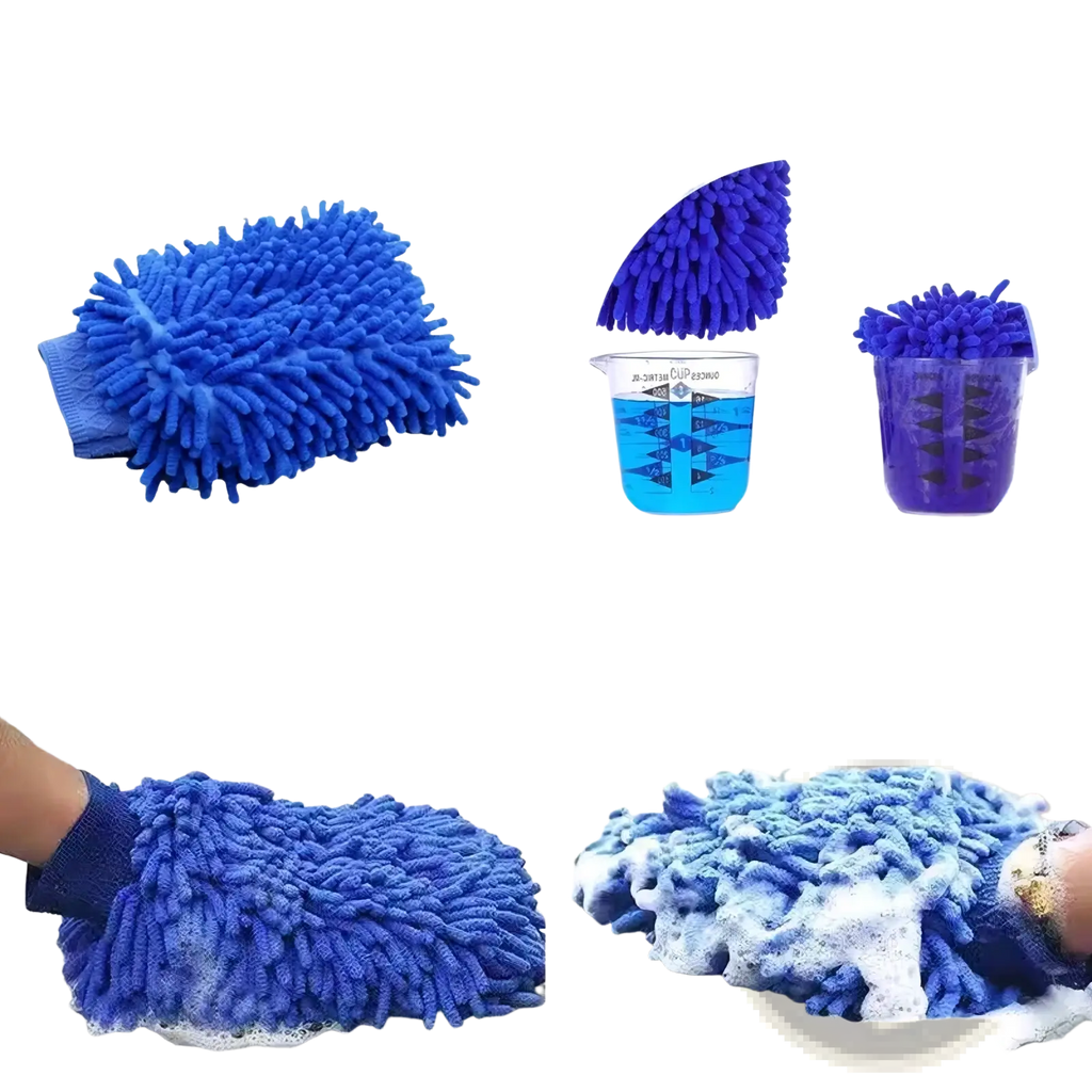 Blue chenille car detailing cleaning gloves with plush fuzzy texture and reinforced wrist strap for auto care use
