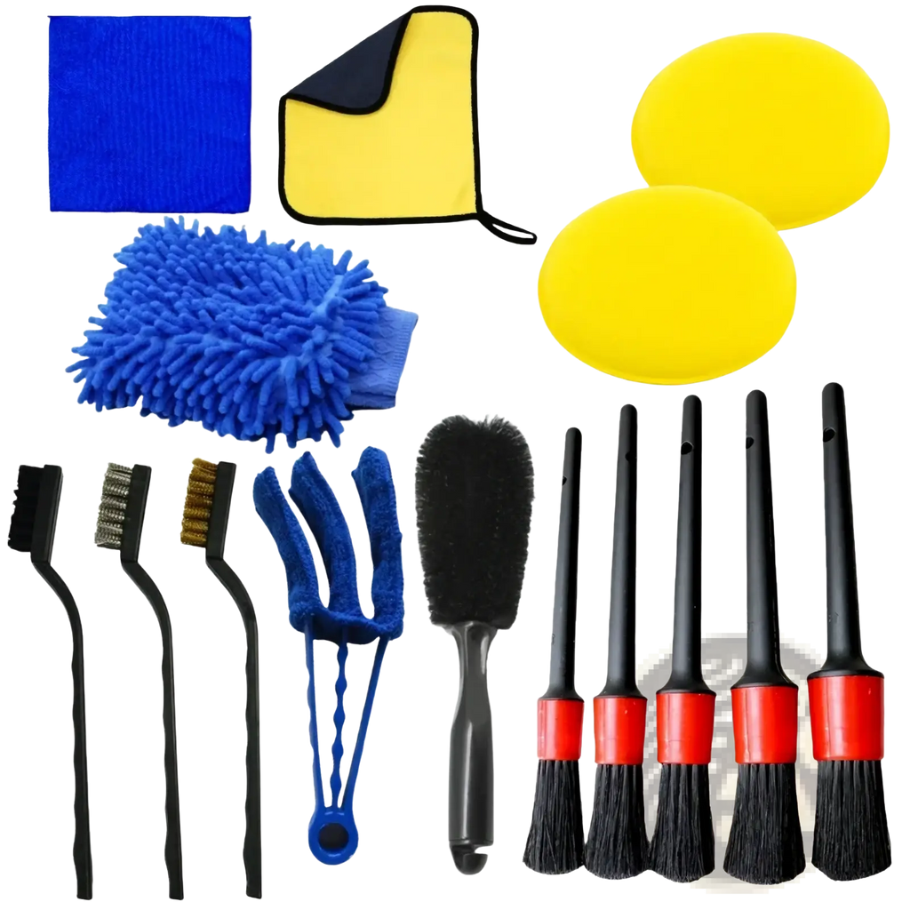 Blue microfiber car detailing brush set with yellow and black accessories for auto cleaning and maintenance