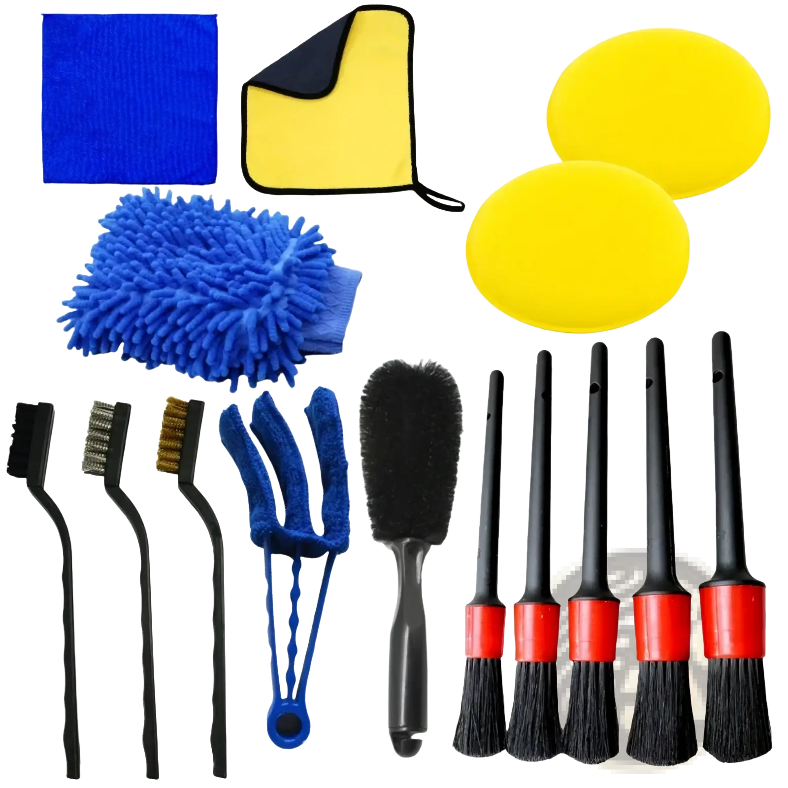 Blue microfiber car detailing brush set with yellow and black accessories for auto cleaning and maintenance