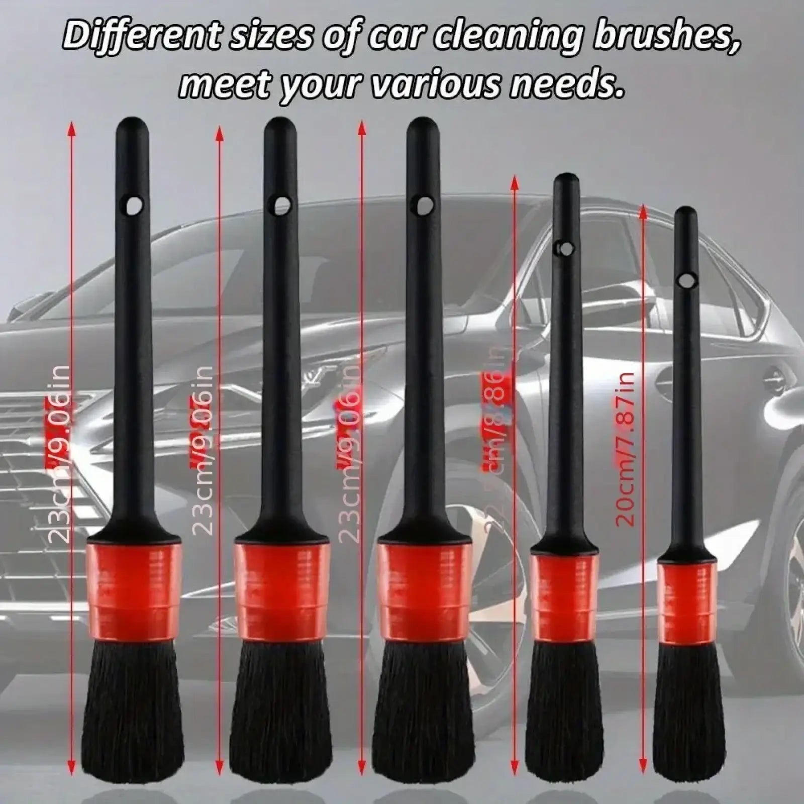 Set of six black and red car detailing brushes with dense bristles for auto cleaning and precision detailing tasks