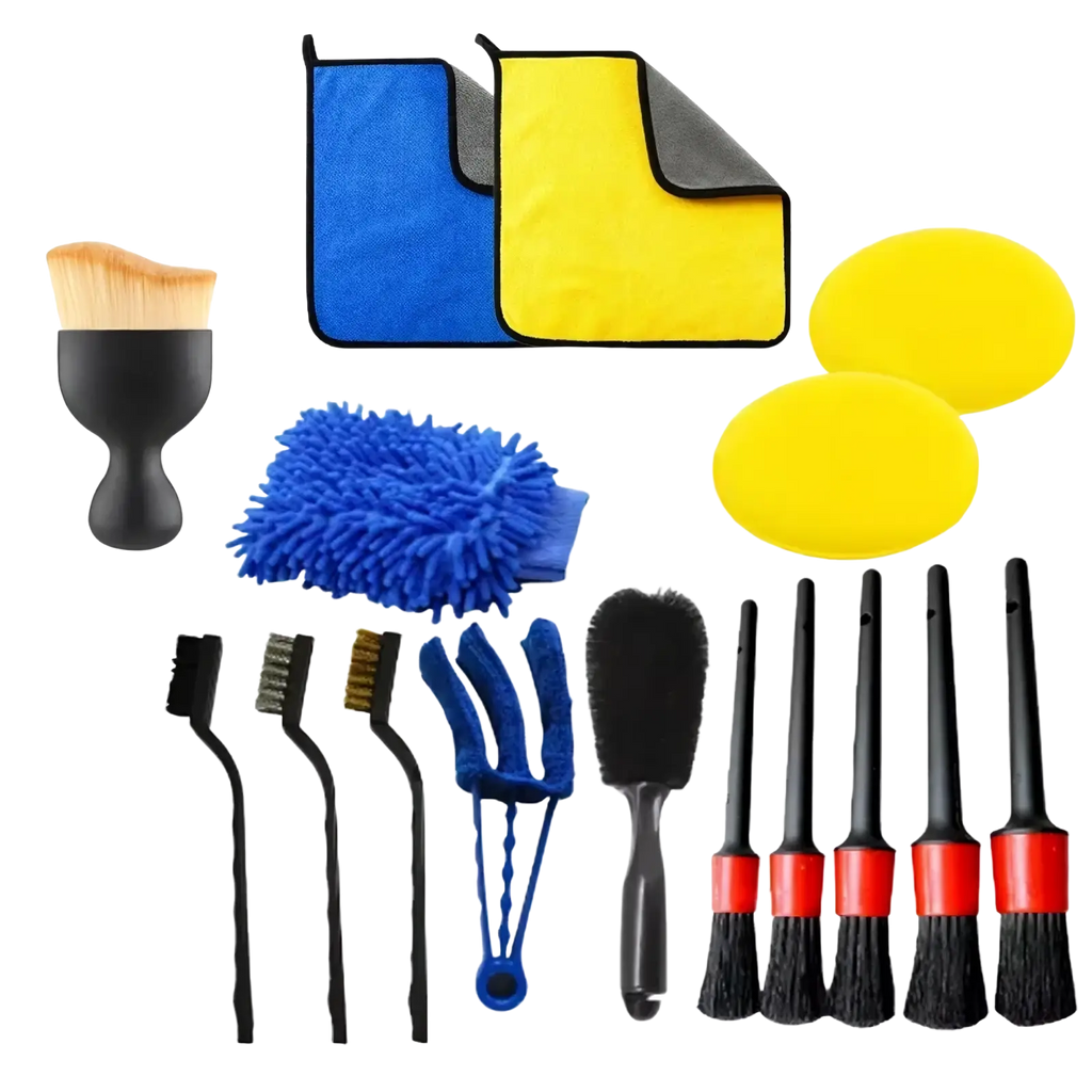 16-piece car detailing brush set auto cleaning kit with black and red brushes, blue duster mitt, microfiber cloths, and yellow pads