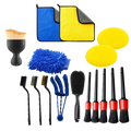 16-piece car detailing brush set auto cleaning kit with black and red brushes, blue duster mitt, microfiber cloths, and yellow pads