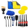 16-piece car detailing brush set auto cleaning kit with black and red brushes, blue duster mitt, microfiber cloths, and yellow pads
